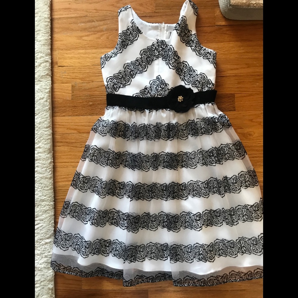 Rare Editions girls white dress with black design